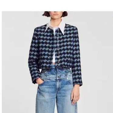 [BUNJANG] Sandro Cropped Tweed Jacket Navy/Black Check Pattern Size 38 / 산드로 sandro 크롭 트위드 자켓 38 사이즈 정품