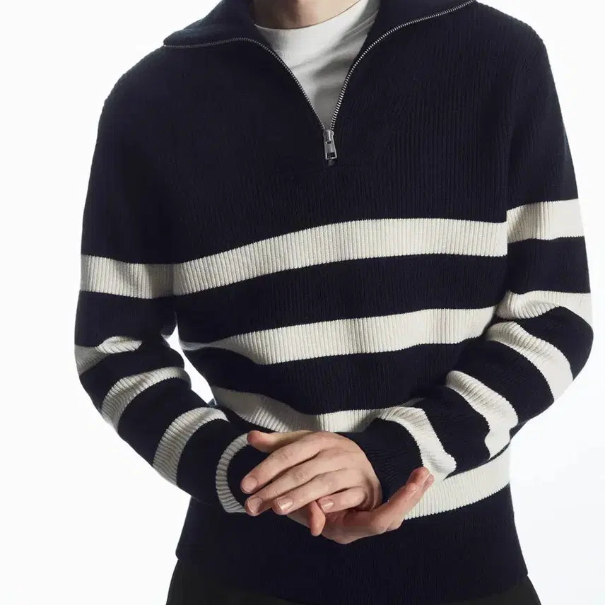 [BUNJANG] COS Striped Half-Zip Knit Navy/White Men's M / COS 코스 스트라이프 하프 집업 니트 네이비/화이트 남성 M
