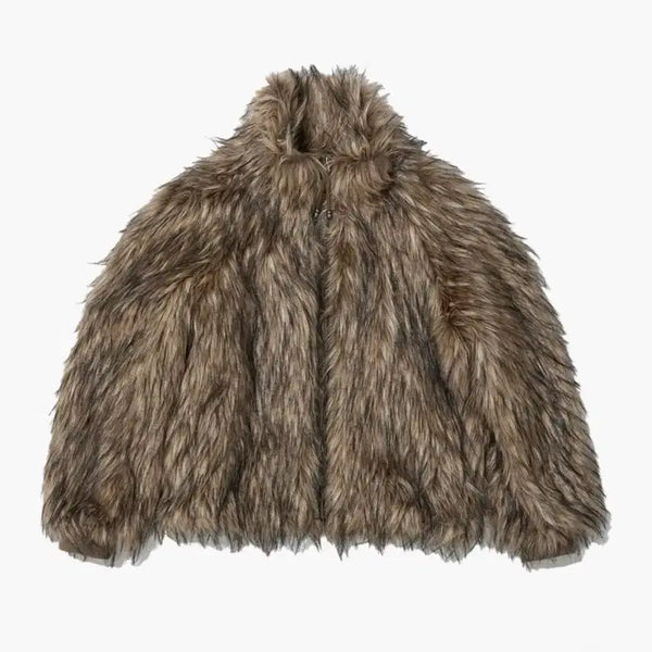 [BUNJANG] Partimento Women's High Neck Fur Zip-Up Jacket Mix Brown / 파르티멘토 우먼 하이넥 퍼 자켓 HIGH NECK FUR ZIP-UP JACKET MIX BROWN
