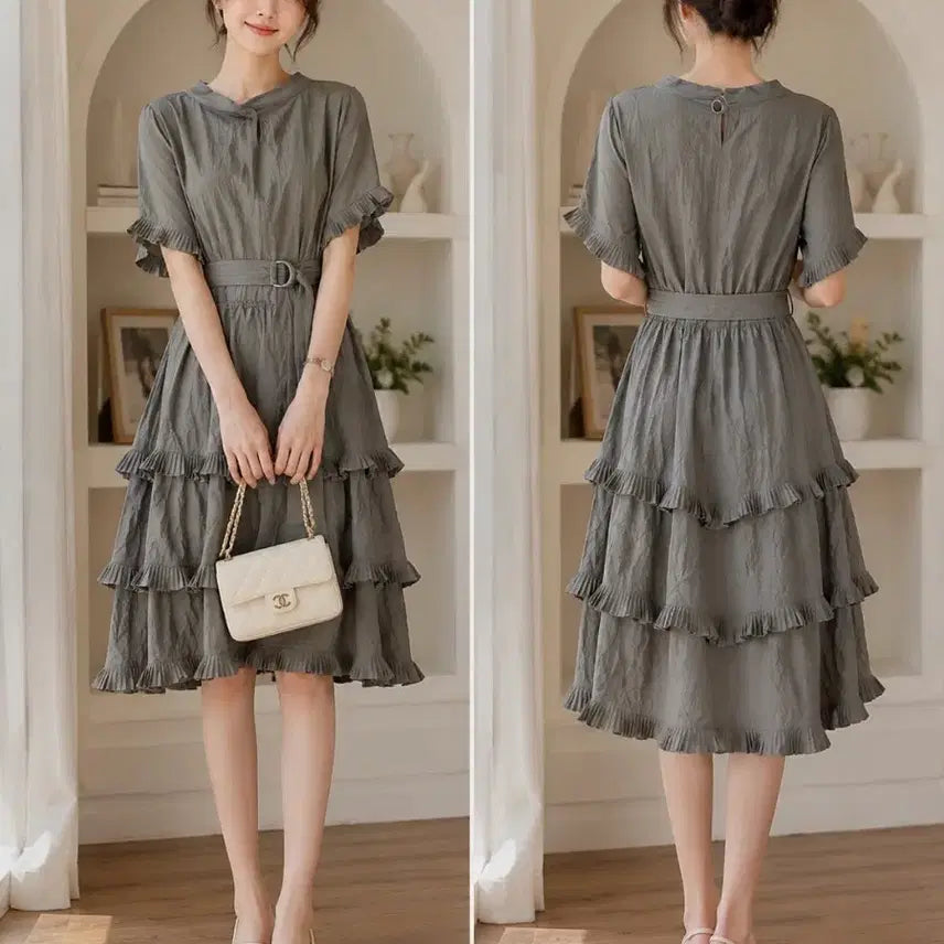 [BUNJANG] Frill Sleeve Belted Midi Dress - Grey / 프릴 소매 벨트 원피스 그레이