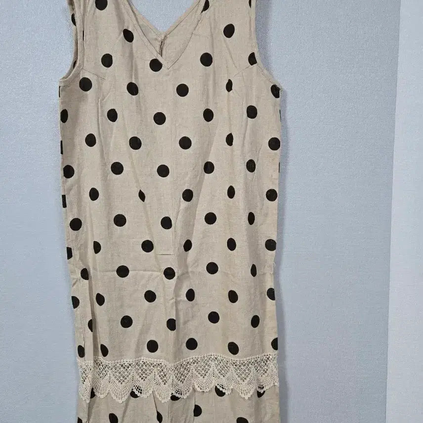 [BUNJANG] Linen Sleeveless Dress with Lace and Dot Pattern (Size 77) / 레이스배색 도트 민소매 린넨원피스 77