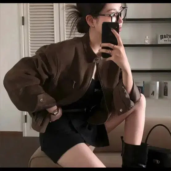 [BUNJANG] Brown Suede Crop Jacket (L) / 브라운 스웨이드 크롭 자켓 L