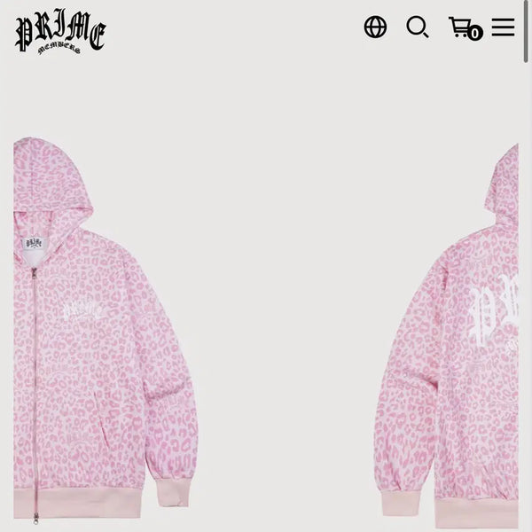 [BUNJANG] Prime Members Leopard Hoodie Zip-up Pink / 프라임멤버스 레오파드 후드집업 핑크