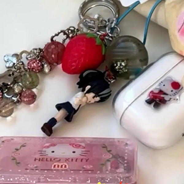 [BUNJANG] Strawberry 100% Classic Anime Girl Strap Keychain / 할인! 일본 고전 동숲 떡밥 파우치 아란지 아론조 판다 딸기100 미소녀 이라스토야 키링 고양이 버섯 스티커북 체리키티 보관함