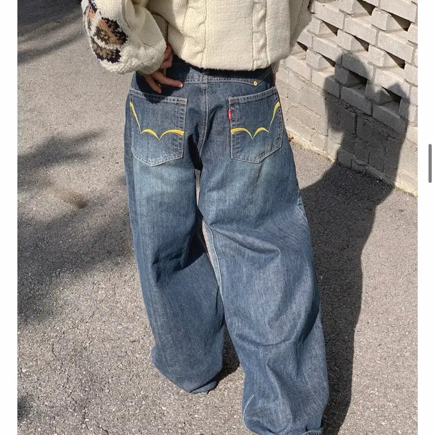 [BUNJANG] Ootj Yellow Point Wide Denim Pants / 교신 가능) Ootj / OOT 우트 1130 옐로우 포인트 와이드 데님 팬츠