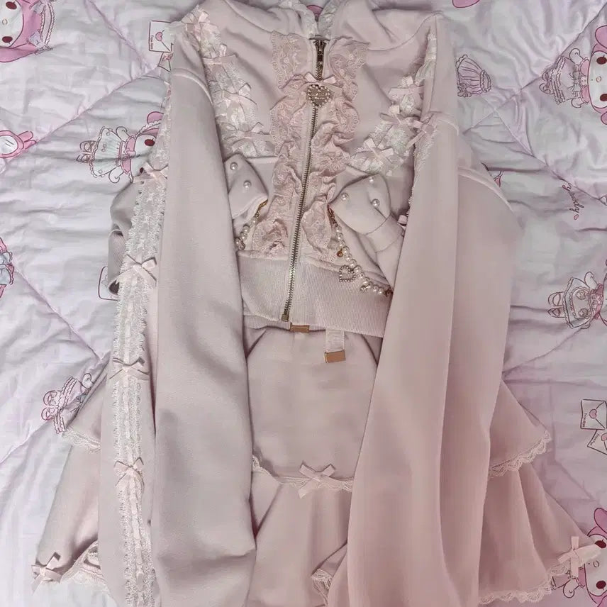 [BUNJANG] Lizlisa Ribbon Parka Setup Pink / 리즈리사 lizlisa 셋업 리본 파카 핑크 양산형 양지뢰 택있