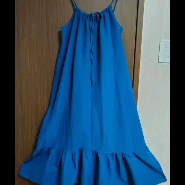 [BUNJANG] Blue Frill Sleeveless Long Dress / 블루 끈나시 프릴 롱 원피스