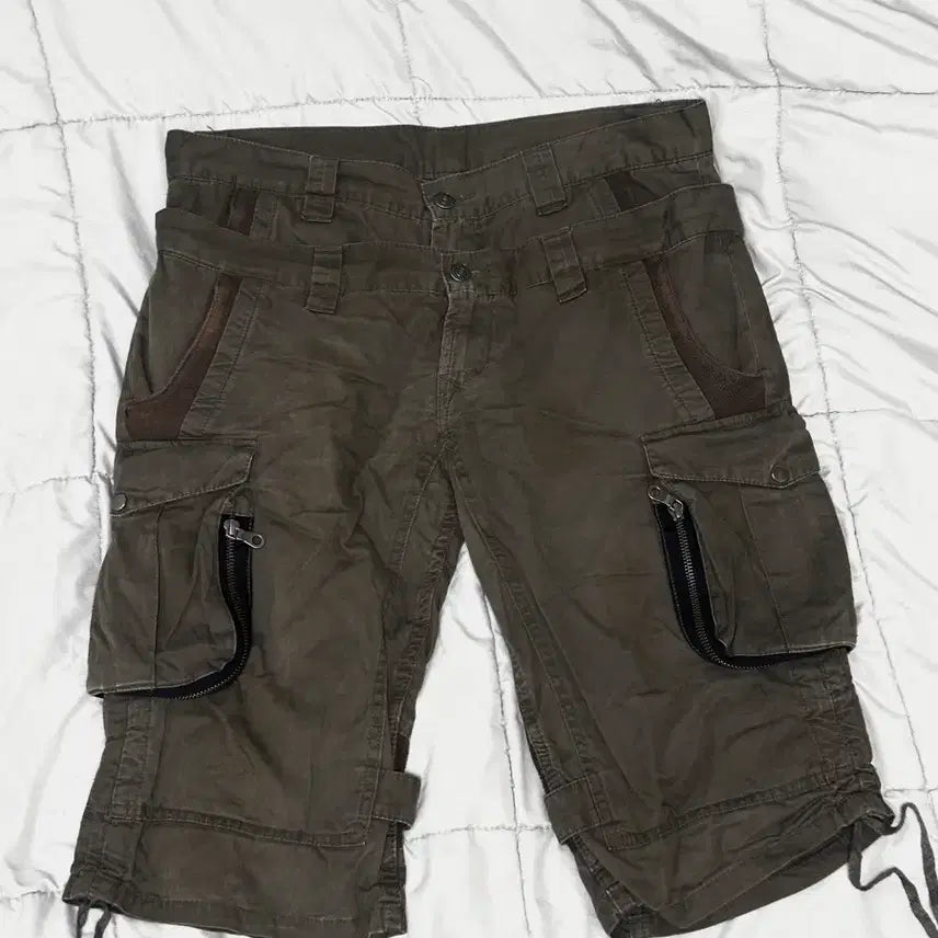 [BUNJANG] Vintage Double Layered Shirring Cargo Capri Pants / 빈티지 카프리 팬츠 카고 더블 레이어드 웨이스트 로우라이즈 팬츠 바지 셔링 멀티 포켓