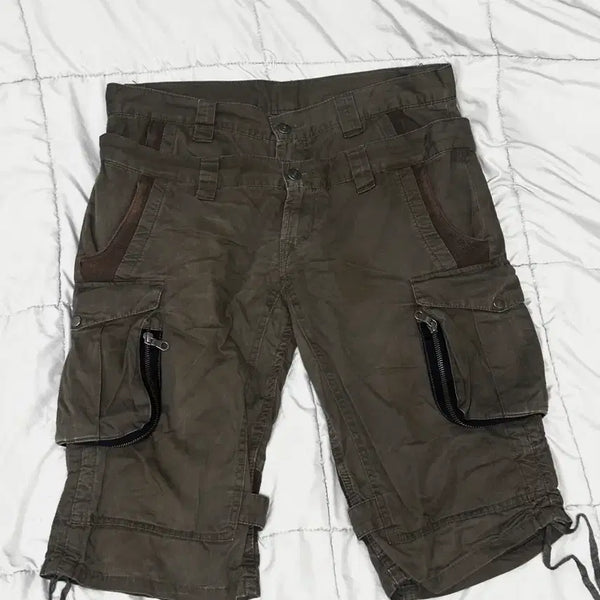 [BUNJANG] Vintage Double Layered Shirring Cargo Capri Pants / 빈티지 카프리 팬츠 카고 더블 레이어드 웨이스트 로우라이즈 팬츠 바지 셔링 멀티 포켓