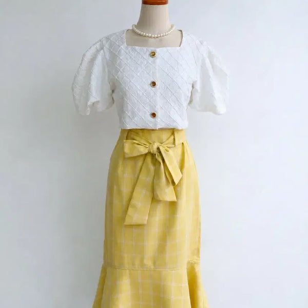 [BUNJANG] Yellow Check Mermaid Long Skirt M / 옐로우 체크 머메이드 스커트