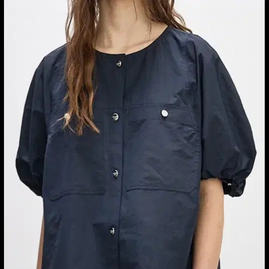[BUNJANG] SYSTEM Crinkle Banding Cuffs Blouse Navy / 24시스템 크링클 퍼프 블라우스