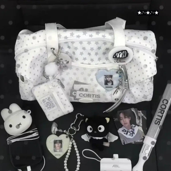 [BUNJANG] Y2K Dot/Star Pattern Shoulder Boston Bag - White / Y2K 도트/별 패턴 숄더백 보스턴백 숄더 숄더백 화이트
