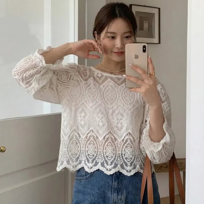 [BUNJANG] White Perforated See-Through Blouse / 화이트 펀칭 시스루 블라우스