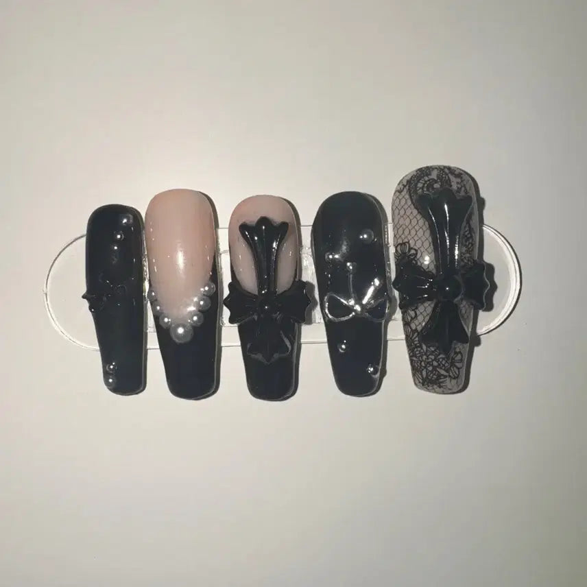 [BUNJANG] Black Lace Chrome Nail Tips / 블랙레이스크롬 네일팁