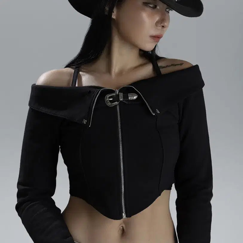 [BUNJANG] Refeeve Western Off-Shoulder Zip-Up Top / 레피브 웨스턴 오프숄더 탑 집업