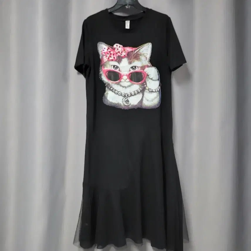 [BUNJANG] Cat Printing Tulle Dress / 고양이 프린팅 하단 튤 원피스