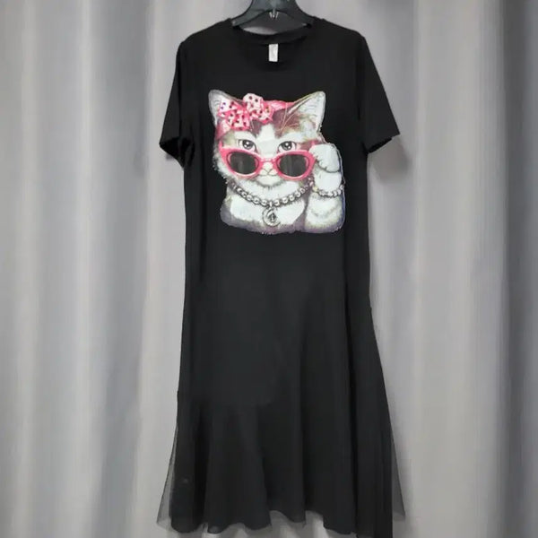 [BUNJANG] Cat Printing Tulle Dress / 고양이 프린팅 하단 튤 원피스