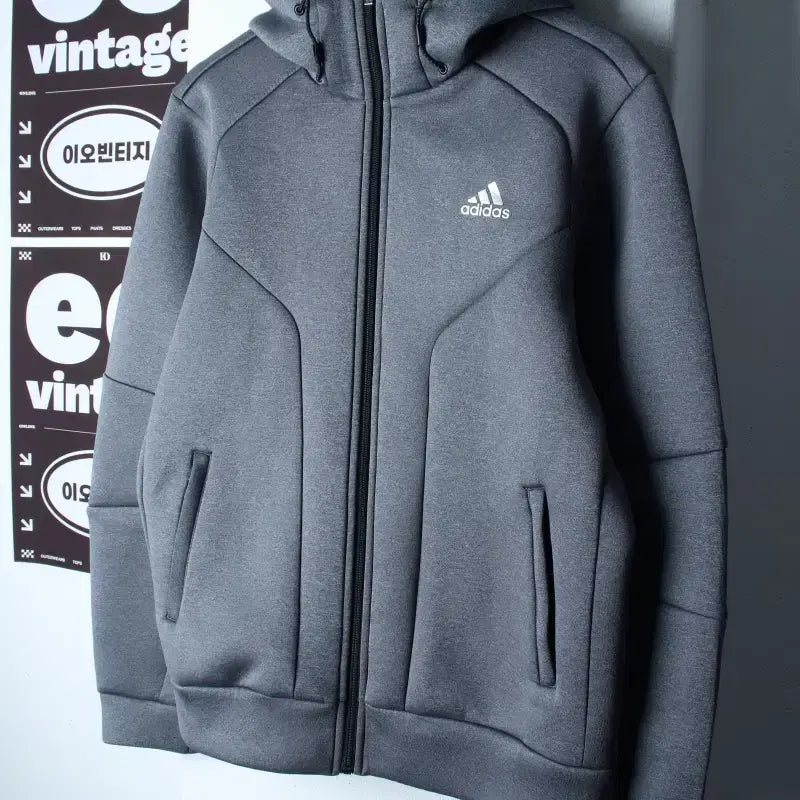 [BUNJANG] Adidas Functional Hooded Zip-Up Jacket - Grey / (L) 아디다스 후드집업 기능성 그레이 폴리 네오프렌-H37411