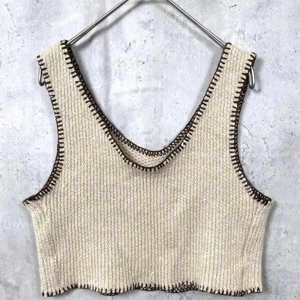 [BUNJANG] Ivory Beige Knit Sleeveless Top with Brown Stitching / 여성 민소매 상의 판매