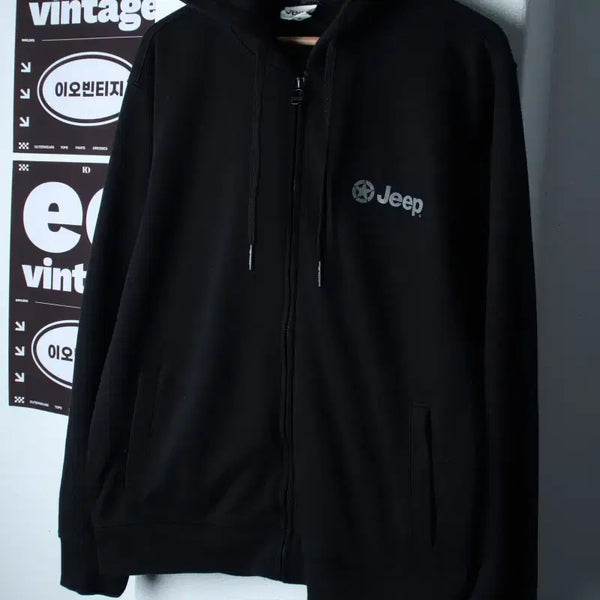 [BUNJANG] Jeep Small Logo Hooded Zip-Up Black / (XL-2XL) 지프 후드집업 스몰로고 블랙 아메카지-H37368