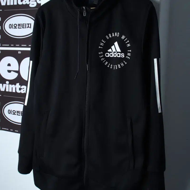 [BUNJANG] Adidas Black Three Stripes Full-Zip Hooded Sweatshirt / (L-XL) 아디다스 후드집업 기능성 블랙 삼선 올드스쿨-H37369