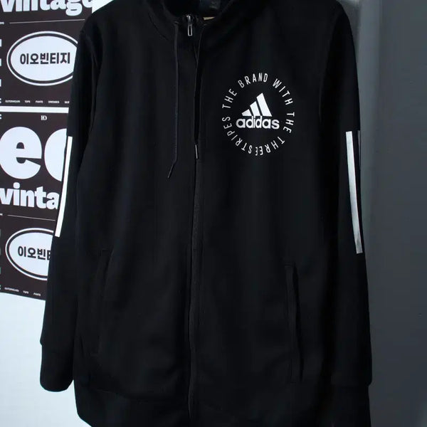 [BUNJANG] Adidas Black Three Stripes Full-Zip Hooded Sweatshirt / (L-XL) 아디다스 후드집업 기능성 블랙 삼선 올드스쿨-H37369