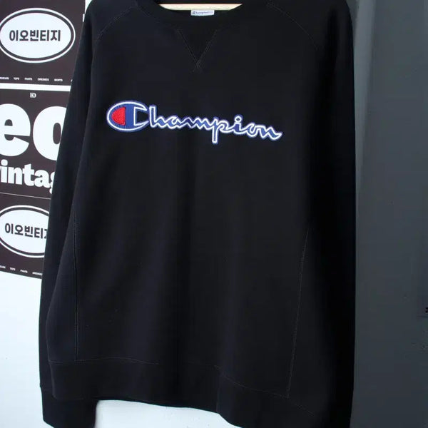 [BUNJANG] Champion Big Logo Raglan Sweatshirt Black / (L-XL) 챔피온 맨투맨 티셔츠 빅로고 나그랑 블랙 기모-H37386