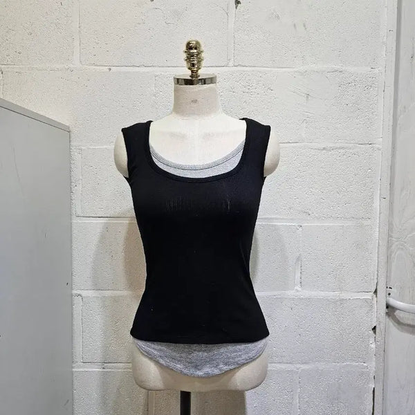 [BUNJANG] U-Hem Layered Sleeveless Top - Navy/Gray / 밑단u 레이어드 나시- 네이비/그레이