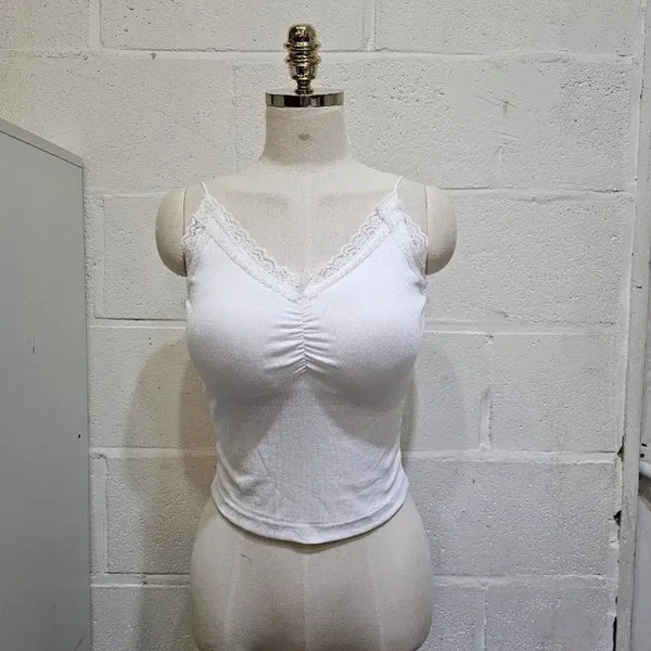 [BUNJANG] Front Shirring Lace Crop Camisole - White / 캡내장 크롭 앞셔링 레이스 나시- 화이트