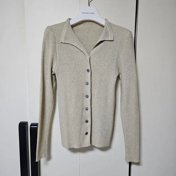 [BUNJANG] Beige Slim Fit Ribbed Knit Cardigan / [새상품] 베이지 슬림핏 골지 니트 가디건