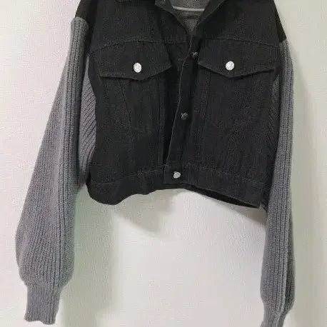 [BUNJANG] Denim Knit Colorblock Crop Jacket / 데님 니트 배색 크롭 자켓