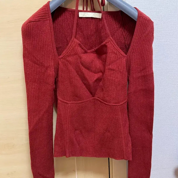 [BUNJANG] FLOWOOM Ribbed Halter Neck Long Sleeve Knit S Wine / 플로움 FLOWOOM 홀터넥 골지 니트 긴팔 S 와인