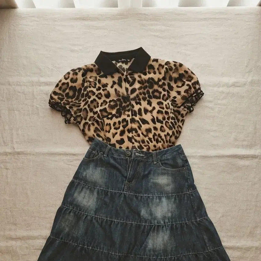 [BUNJANG] RED EYE Leopard Pattern Chiffon Blouse - Size S / [판매] 레드아이(RED EYE) 레오파드 패턴 쉬폰 블라우스 (여성용/상태최상