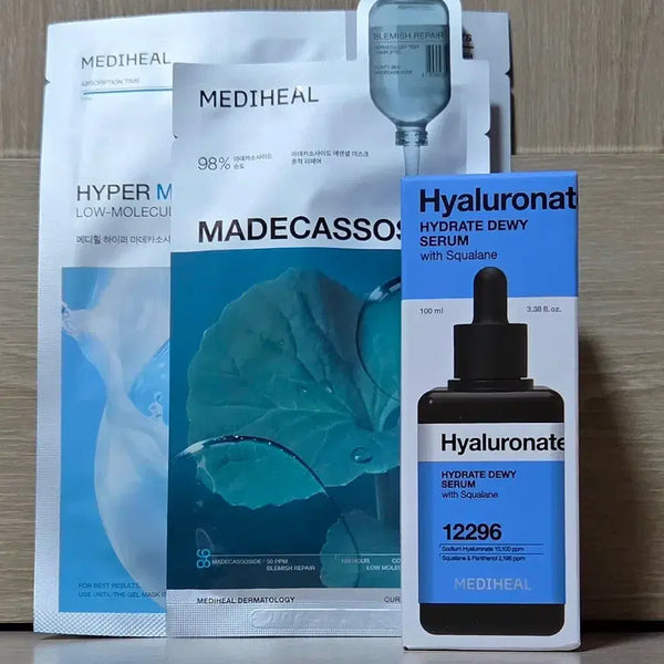 [BUNJANG] Mediheal Low Molecular Hyaluronic Acid Serum & Madecassoside Essential Mask Set / 대용량/메디힐 저분자 히알루로산세럼 +  마데카소사이드 에센셜 마스크