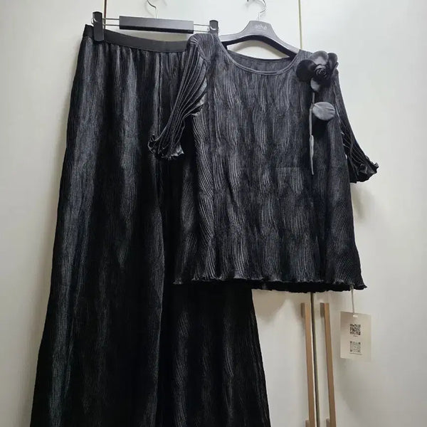 [BUNJANG] Black Pleated Set (Top + Bottom) / 블랙 플리츠 셋업 (상의+하의) 고급형
