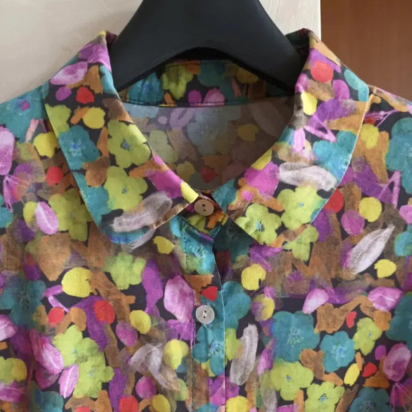 [BUNJANG] Pretty Flower Pattern Cotton Blouse Shirt / 예쁜 플라워 패턴 순면 블라우스셔츠free