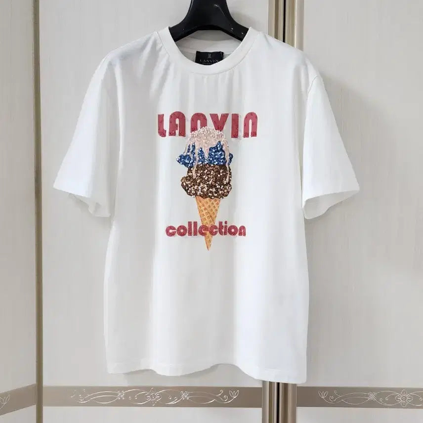 [BUNJANG] Hansem Lang Collection Sequin & Beading Printed Top T-Shirt / 한섬 랑방컬렉션 시퀸 & 비딩 프린티드 탑 아이스크림 티셔츠. 새상품
