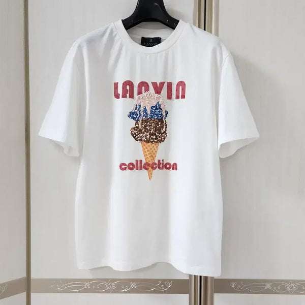 [BUNJANG] Hansem Lang Collection Sequin & Beading Printed Top T-Shirt / 한섬 랑방컬렉션 시퀸 & 비딩 프린티드 탑 아이스크림 티셔츠. 새상품