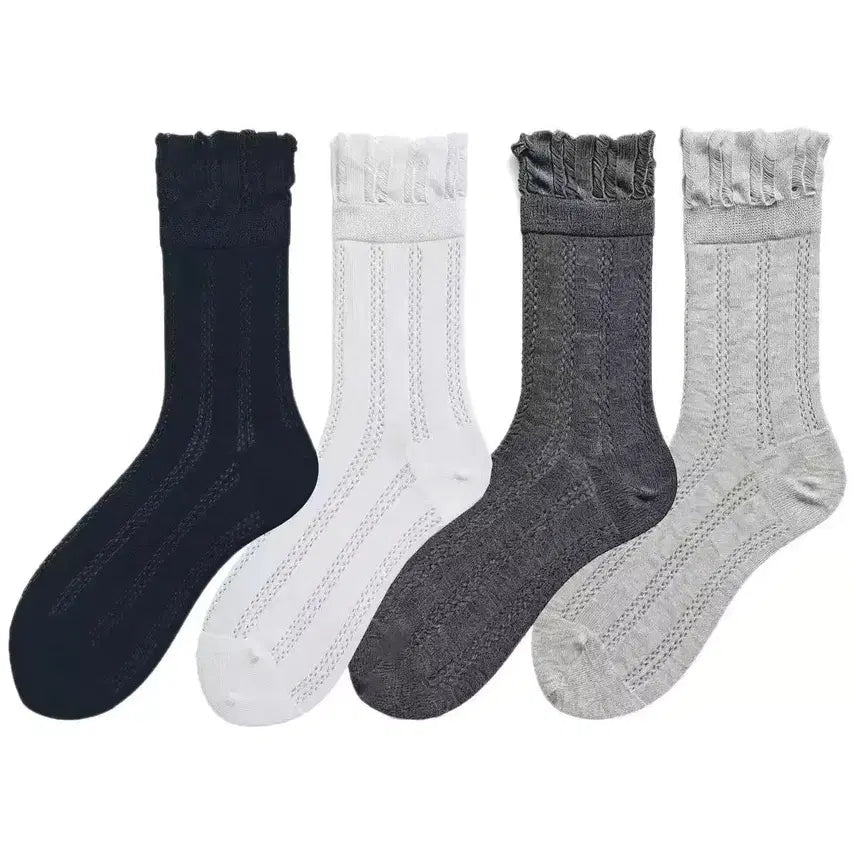 [BUNJANG] 4-Pair Set Frill Ankle Socks / 얇은 중목 홀면 면양말 프릴 양말 4켤레 세트