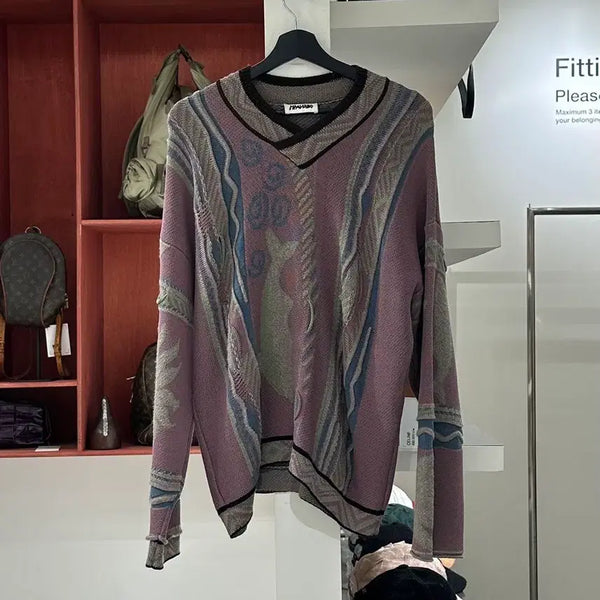 [BUNJANG] Mariano Purple Multicolor Pattern Super Freak V-Neck Knit M / 마리아노 퍼플 멀티컬러 패턴 슈퍼 프릭 브이넥 니트