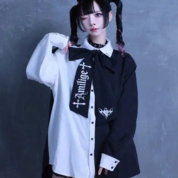 [BUNJANG] Amilige Bat Ribbon Bowtie Shirt / 교판 아밀리쥬 amilige 지뢰계 서브컬쳐 배색 박쥐 리본 보우타이 셔츠 딤모아르