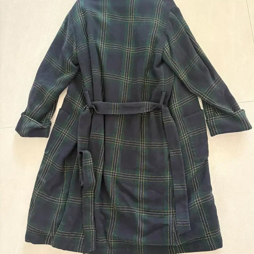 [BUNJANG] Studio Tomboy Shawl Collar Belted Long Coat Checkered / 스튜디오 톰보이 그린 네이비 체크 숄카라 벨트 롱코트