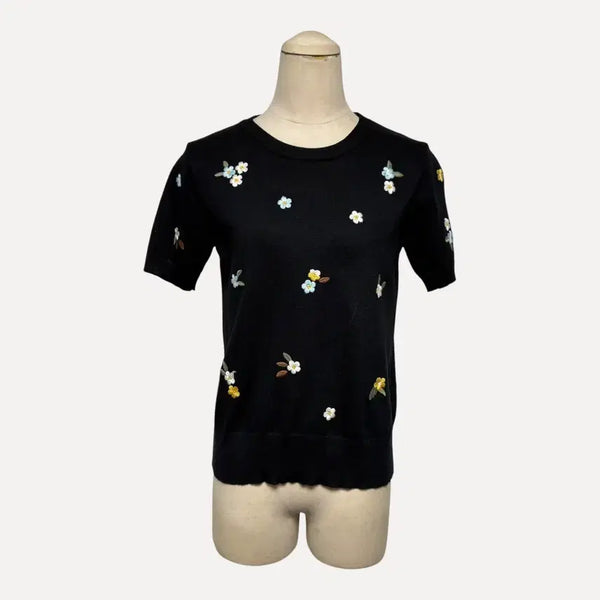 [BUNJANG] Black Floral Embroidered Short Sleeve Knit / 1811 블랙 꽃 자수 반팔 니트
