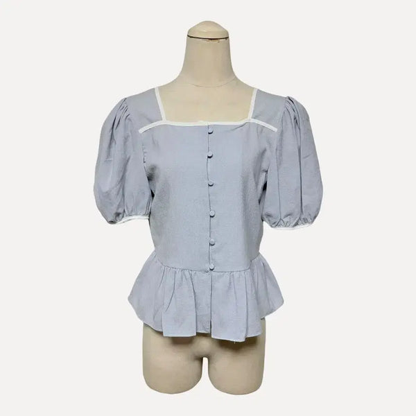 [BUNJANG] Sky Blue Square Neck Puff Blouse / 1814 하늘색 스퀘어넥 퍼프 블라우스