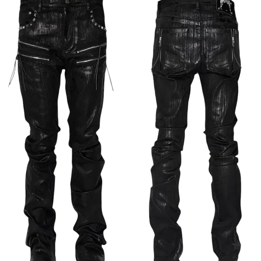 [BUNJANG] Coated Rivet Slim Black Jeans / 코팅 리벳 슬림 블랙진