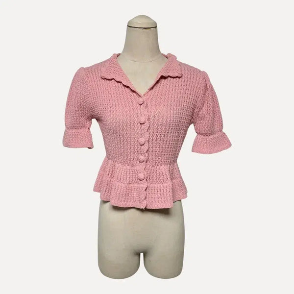 [BUNJANG] Pink Puff Short Sleeve Knit Cardigan / 1818 핑크 퍼프 반팔 니트 가디건