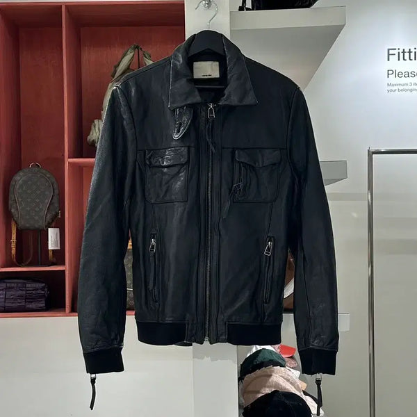 [BUNJANG] Rapieton Black Double Pocket Detail Leather Jacket / 르피에톤 블랙 더블 포켓 디테일 레더 자켓
