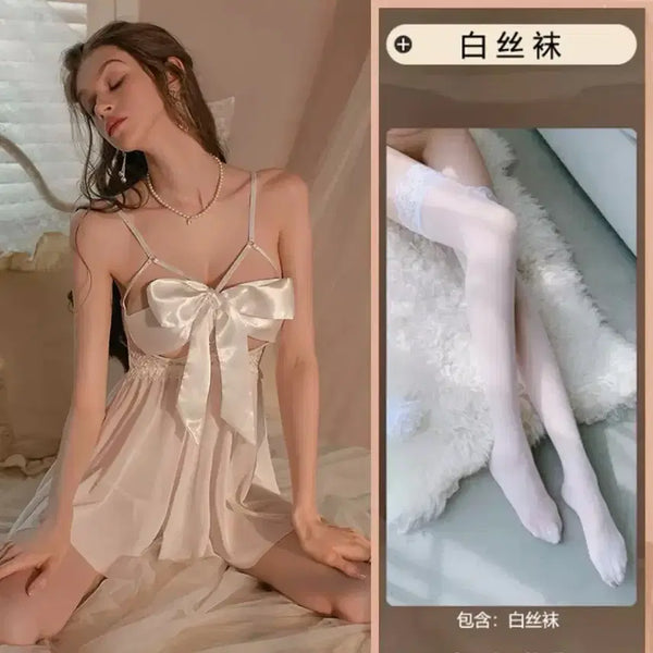 [BUNJANG] Silk Nightgown and Lace Stockings Set / 실크 나이트 가운 레이스 스타킹 세트 란제리