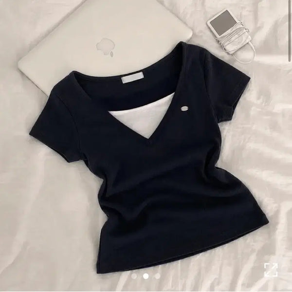 [BUNJANG] Layered V-Neck Short-Sleeve T-Shirt Navy / 레이어드 브이넥 반팔 티셔츠 네이비