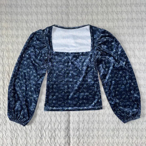 [BUNJANG] Navy Flower Velvet Long Sleeve Blouse / 네이비 플라워 벨벳 긴팔 블라우스 [옷]